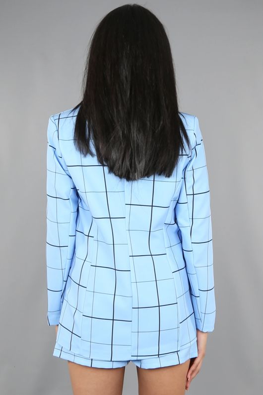 Blue Check Print Tailored Belted Shorts & Blazer Set