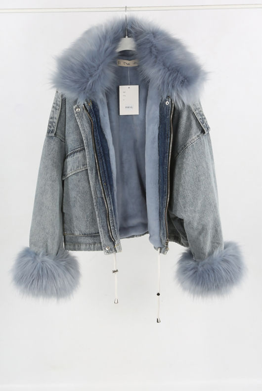 Faux Fur Oversized Washed Denim Jacket
