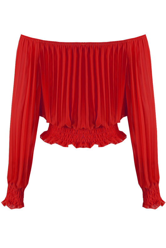 Red Off Shoulders Pleated Top