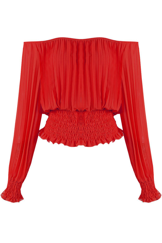 Red Off Shoulders Pleated Top