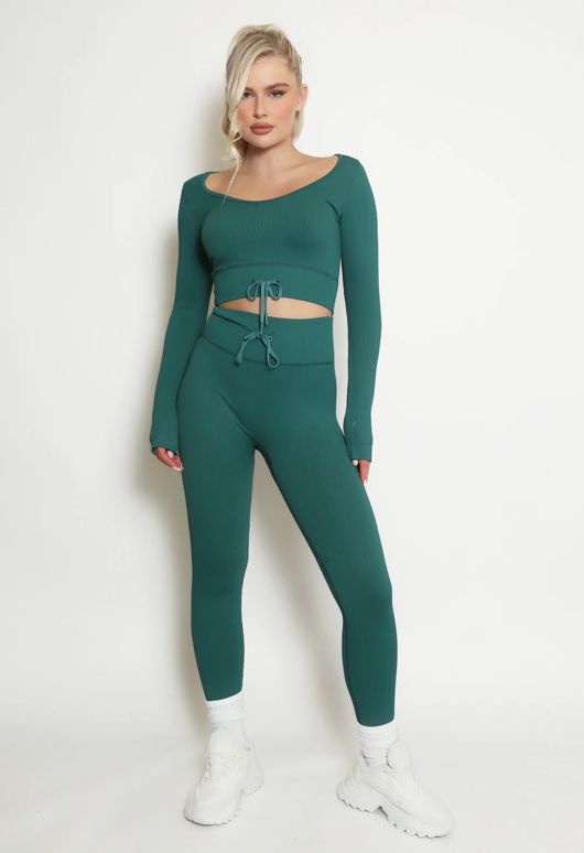 Green Ribbed Low Neck Top & Leggings Co-Ord 