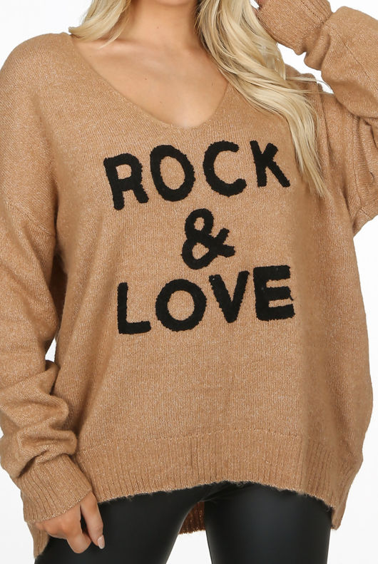 Camel ROCK & LOVE Embroidery Slogan Knitted Jumper