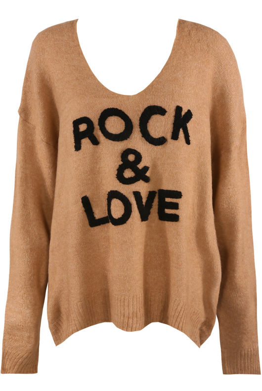 Camel ROCK & LOVE Embroidery Slogan Knitted Jumper