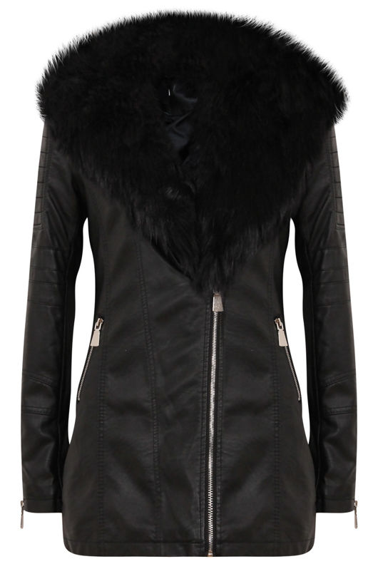 Black PU Detachable Fur Collar Jacket
