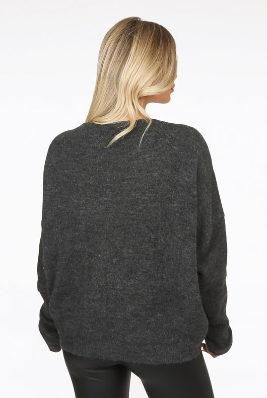  Grey Contrast Heart Embroidery Knitted Jumper