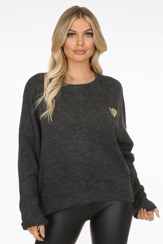  Grey Contrast Heart Embroidery Knitted Jumper