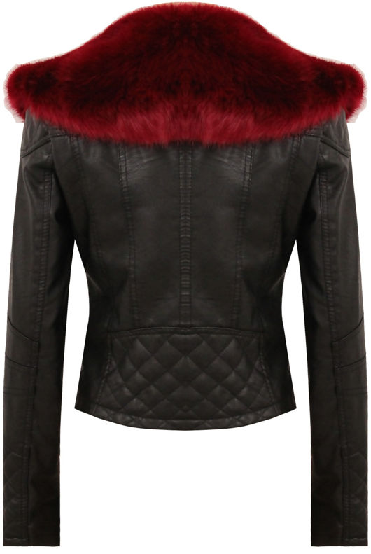 Black with Wine Detachable Faux Fur Collar Biker Jacket 
