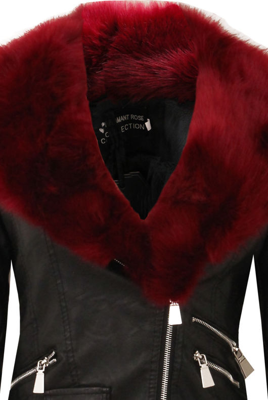 Black with Wine Detachable Faux Fur Collar Biker Jacket 