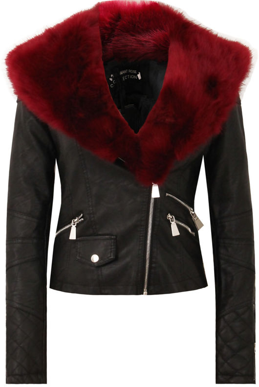 Black with Wine Detachable Faux Fur Collar Biker Jacket 
