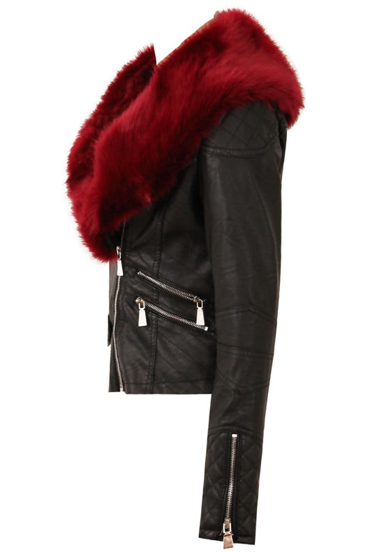 Black with Wine Detachable Faux Fur Collar Biker Jacket 