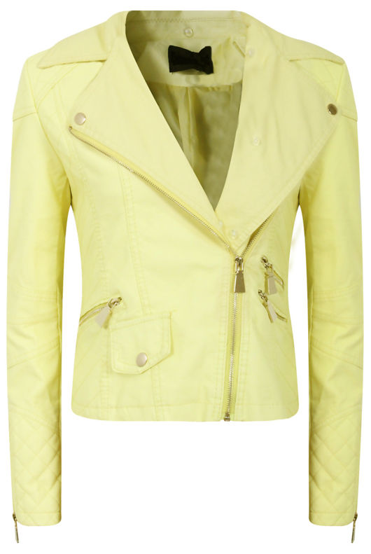 Yellow Detachable Fur Collar Biker Jacket