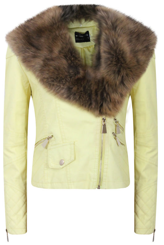 Yellow Detachable Fur Collar Biker Jacket