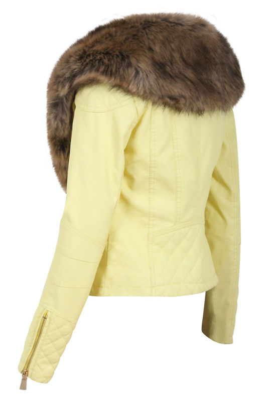 Yellow Detachable Fur Collar Biker Jacket
