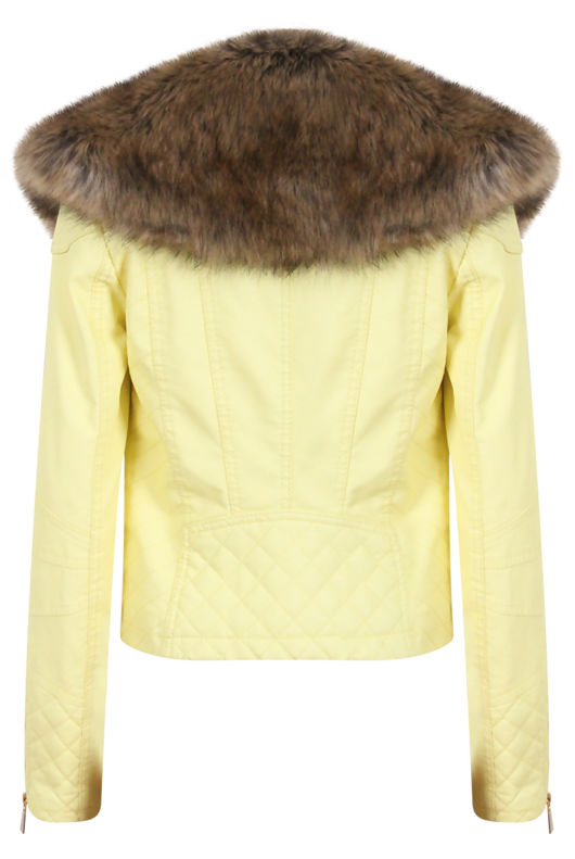 Yellow Detachable Fur Collar Biker Jacket
