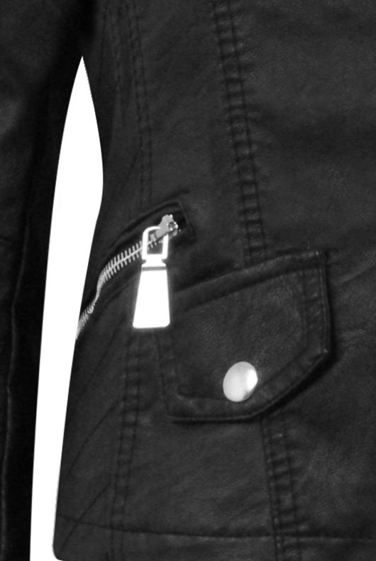 Black with Wine Detachable Faux Fur Collar Biker Jacket 