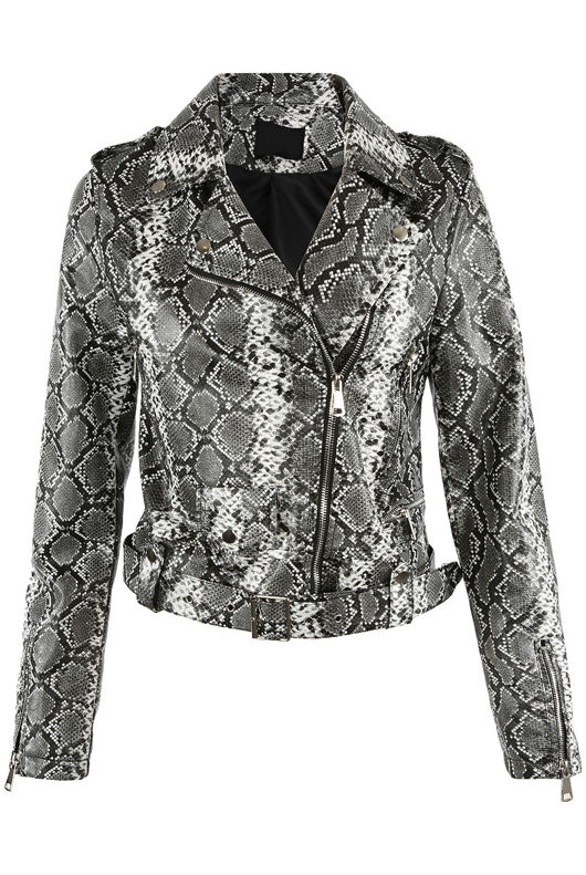 Grey Animal Pattern Faux Leather Biker Jacket 