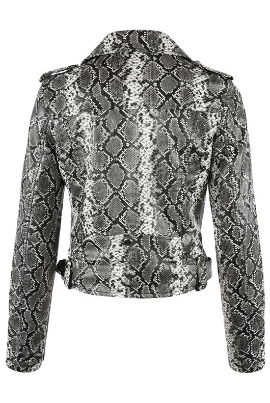 Grey Animal Pattern Faux Leather Biker Jacket 