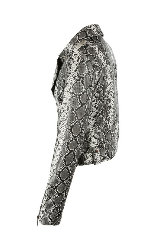 Grey Animal Pattern Faux Leather Biker Jacket 