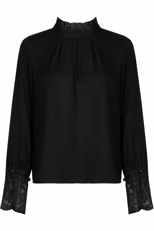 Black Pearl Floral Lace Sleeve Pleated Tops