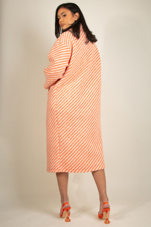Orange Stripe Print Wool Long Line Coat