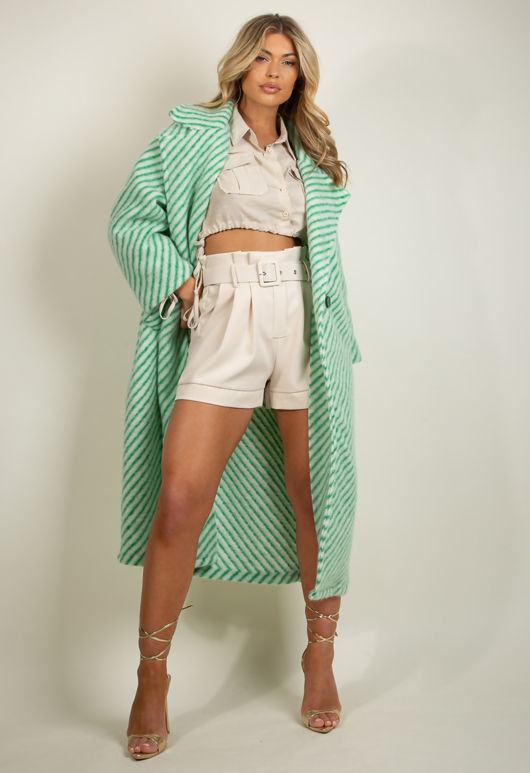 Green Stripe Print Wool Long Line Coat 
