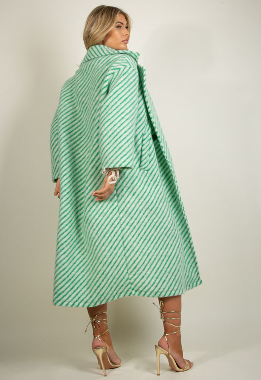 Green Stripe Print Wool Long Line Coat 