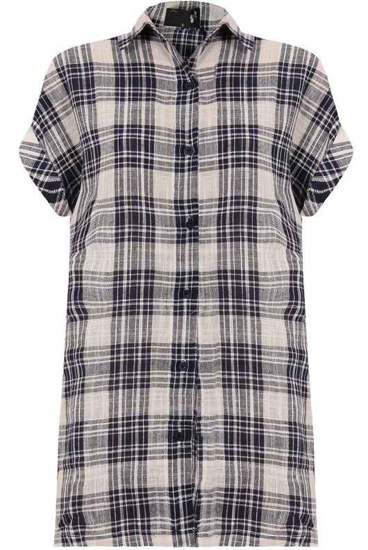 Blue Contrast Tartan Print Roll Up Sleeve Tops