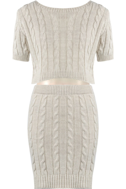 Beige Cable Knit Crop Top & Skirt Co-Ord