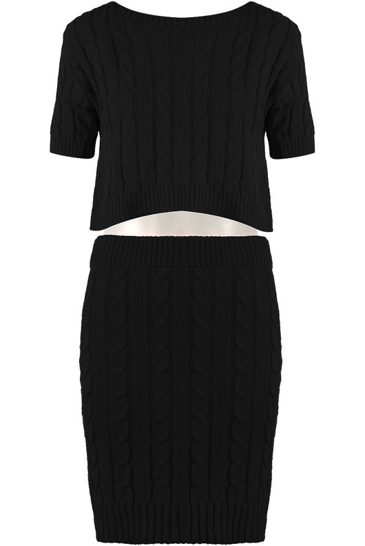 Black Cable Knit Crop Top & Skirt Co-Ord