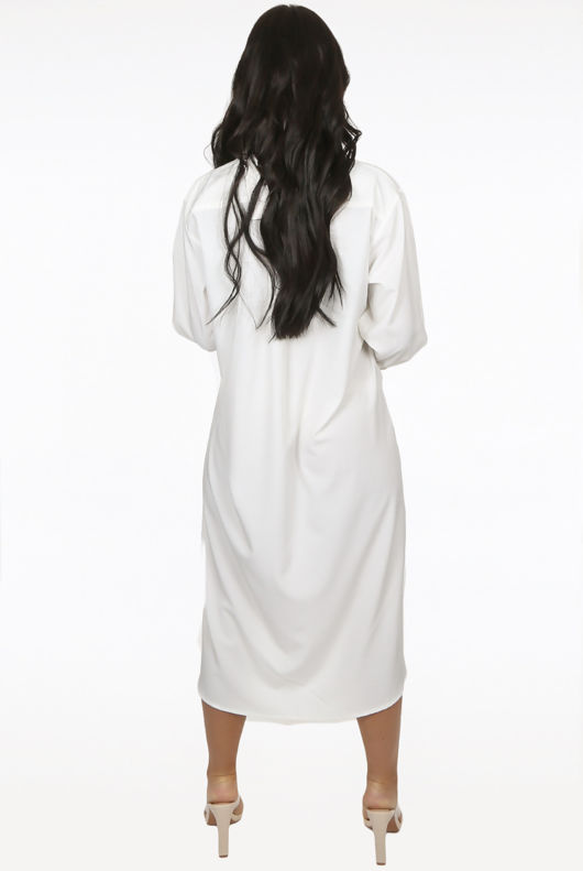 White Side Slit Button Up Long Shirt Dress
