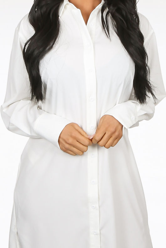 White Side Slit Button Up Long Shirt Dress