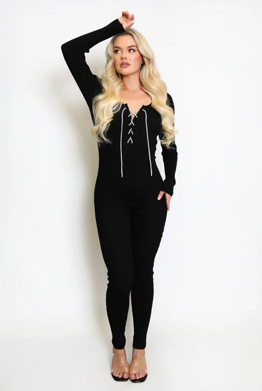 Black Diamante Tie Knitted Unitard