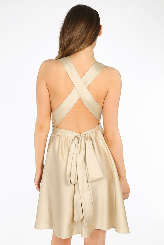 Beige Crossover Back Plunge Drape Dress