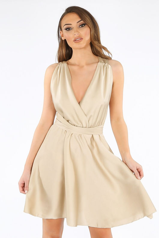 Beige Crossover Back Plunge Drape Dress