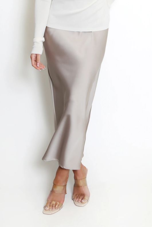 Beige Satin High Waist A-Line Maxi Skirt