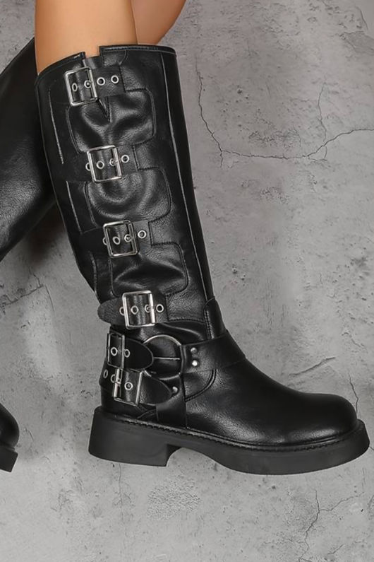 Buckle Down Relaxed Biker Boot In Black