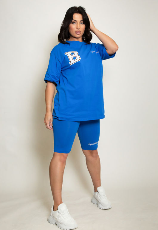 Royal Blue Oversized B Motif T-Shirt And Shorts Set