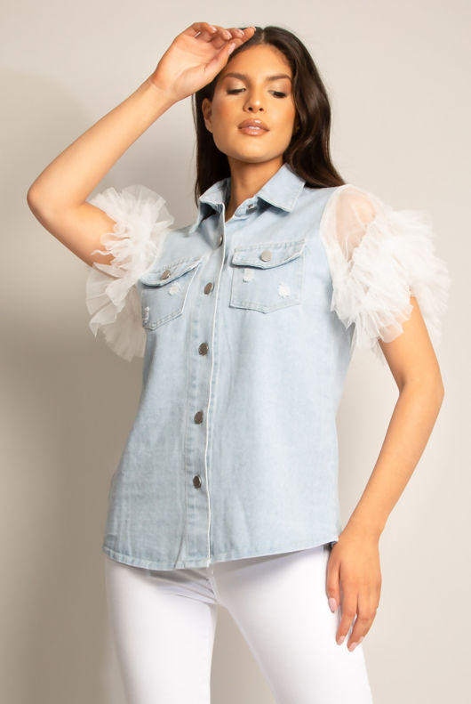 Mesh Sleeve Front Pocketed Denim Shacket 