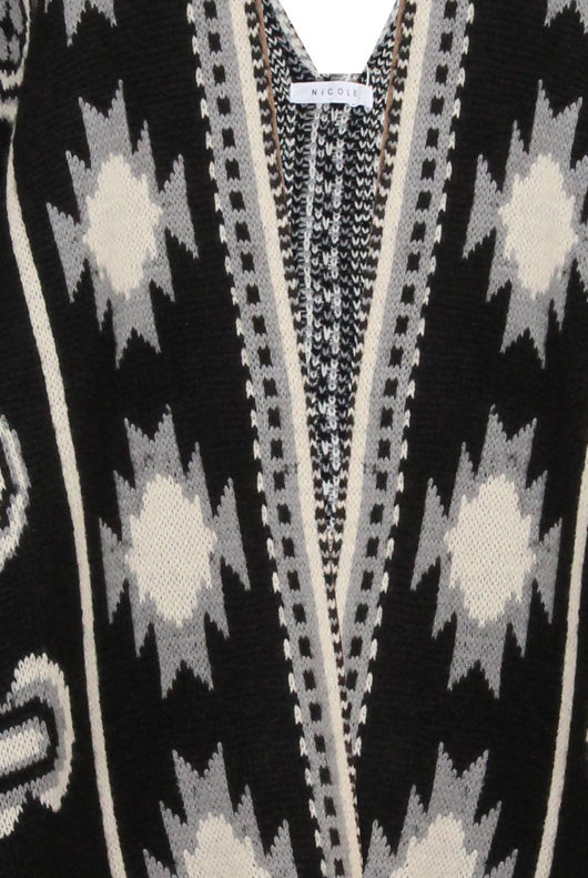 Black Beige Contrast Symmetrical Print Wrap Cardigan 