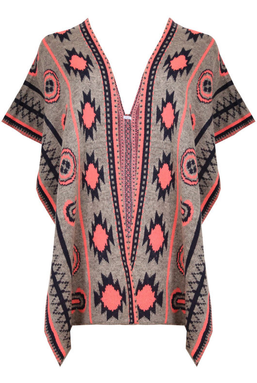 Coral Contrast Symmetrical Print Wrap Cardigan 
