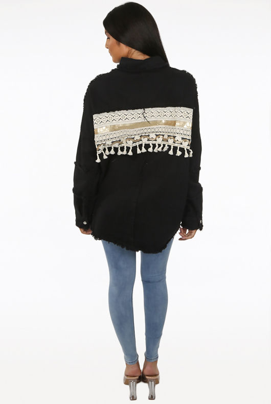 Lace Tassel Trim Denim Black Oversize Jacket 