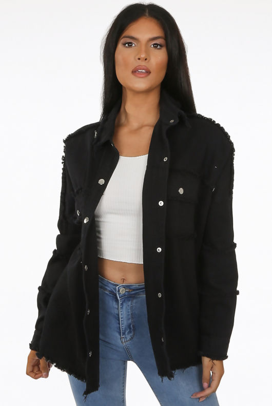 Lace Tassel Trim Denim Black Oversize Jacket 