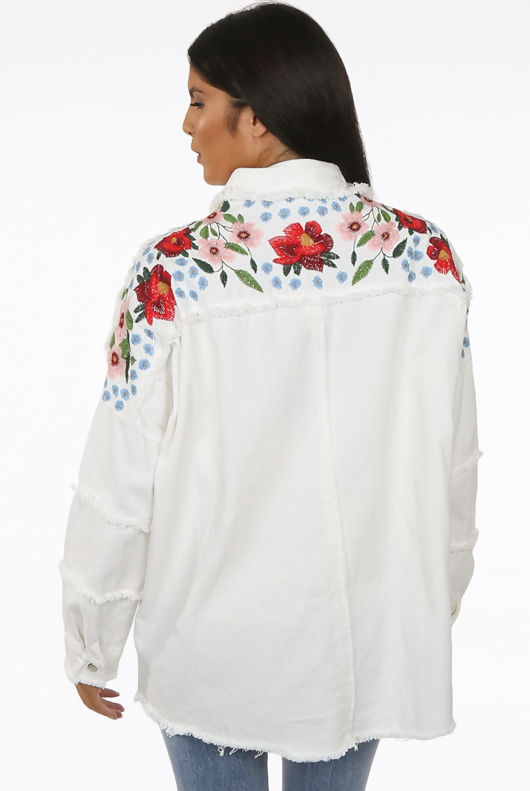 Embroidery Floral Trim Denim Oversize Jacket 
