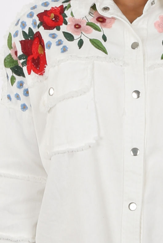 Embroidery Floral Trim Denim Oversize Jacket 
