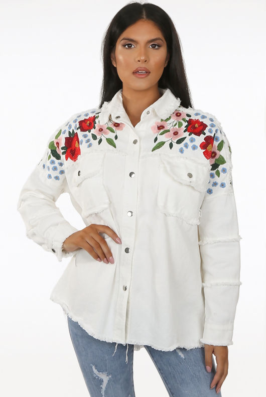 Embroidery Floral Trim Denim Oversize Jacket 