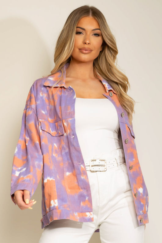 Tie Dye Print Front Pocketed Lilac Denim Shacket 