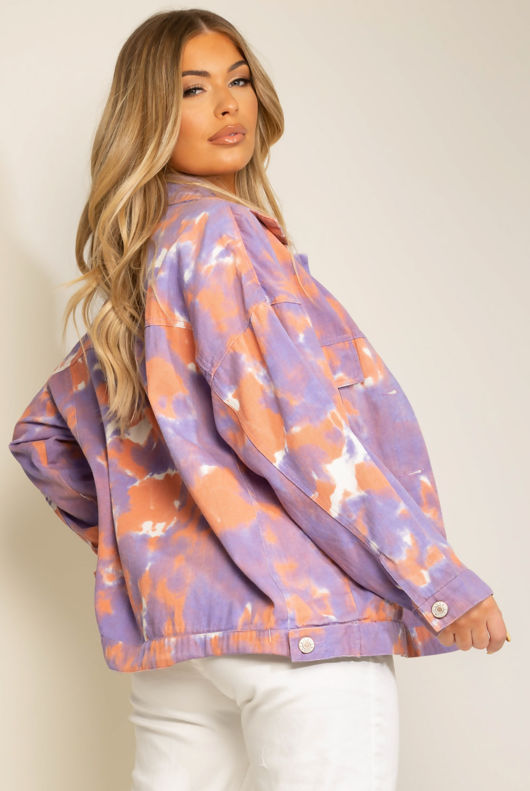 Tie Dye Print Front Pocketed Lilac Denim Shacket 