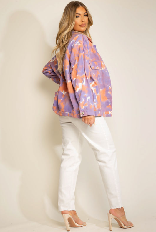 Tie Dye Print Front Pocketed Lilac Denim Shacket 