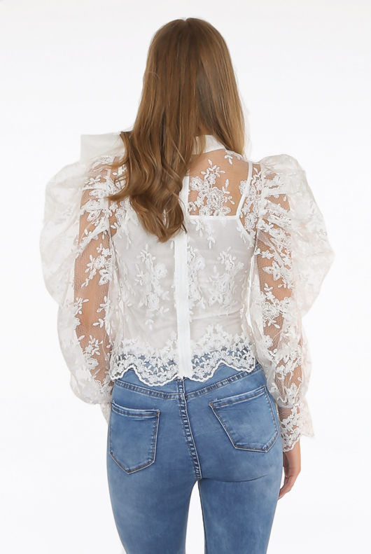 White Lace Mesh Knot Collar Blouse