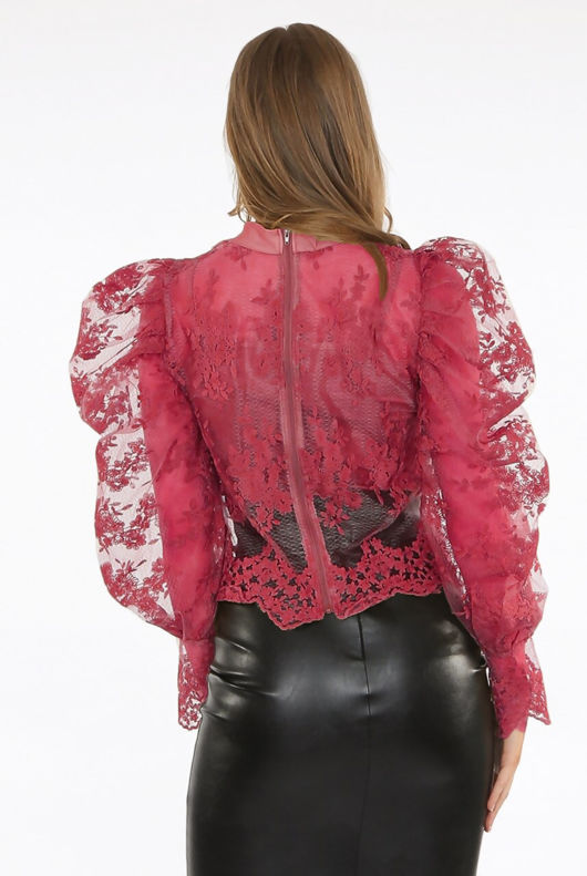 Fuchsia Lace Mesh Knot Collar Blouse